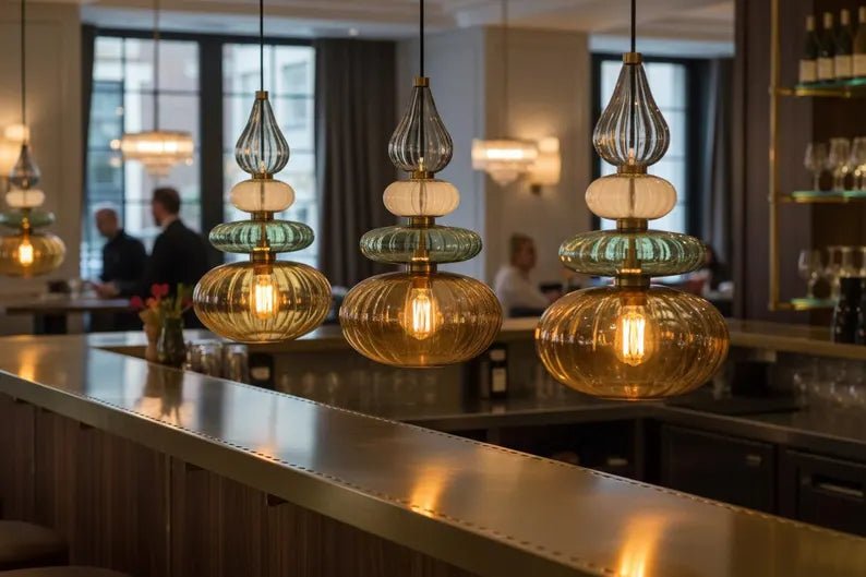 Glass Pendant Light Brass, Kitchen Island Lighting, Amber Green Hanging Lamp, Hand Blown Glass Pendant, Modern Ceiling Light | Les Trois Pyramides 