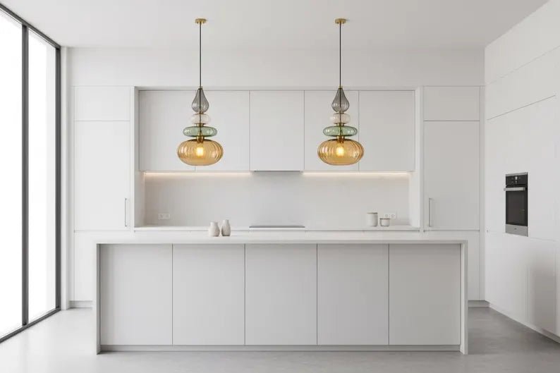 Glass Pendant Light Brass, Kitchen Island Lighting, Amber Green Hanging Lamp, Hand Blown Glass Pendant, Modern Ceiling Light | Les Trois Pyramides 