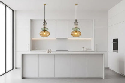 Glass Pendant Light Brass, Kitchen Island Lighting, Amber Green Hanging Lamp, Hand Blown Glass Pendant, Modern Ceiling Light | Les Trois Pyramides 