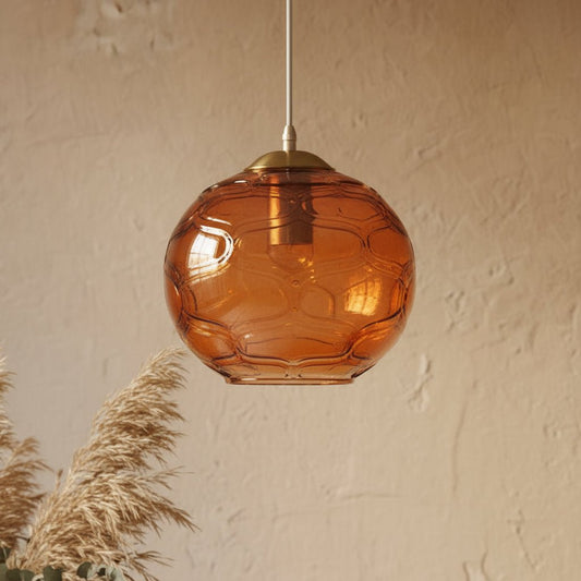 Amber Hand-Blown Glass Pendant Light – Textured Globe Ceiling Lamp for Dining Room