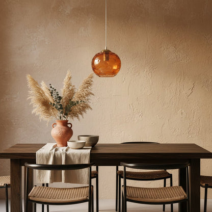 Amber Hand-Blown Glass Pendant Light – Textured Globe Ceiling Lamp for Dining Room