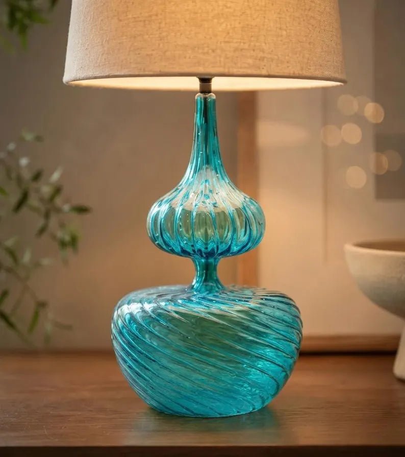 Blue Glass Table Lamp, Blown Glass Lamp, Aqua Blue Bedside Lamp, Handmade Glass Lighting, Modern Table Lamp, Artistic Glass Lamp | Les Trois Pyramides 