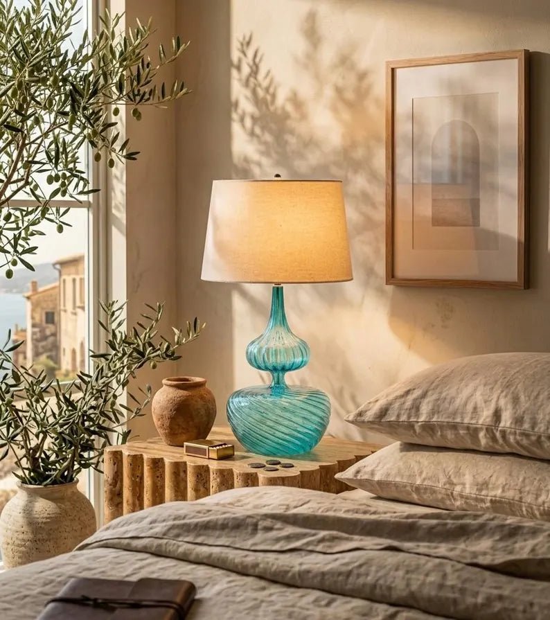 Blue Glass Table Lamp, Blown Glass Lamp, Aqua Blue Bedside Lamp, Handmade Glass Lighting, Modern Table Lamp, Artistic Glass Lamp | Les Trois Pyramides 