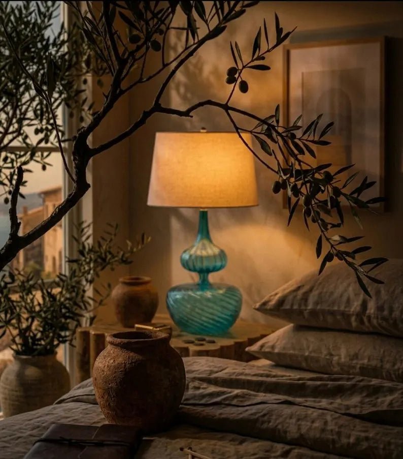 Blue Glass Table Lamp, Blown Glass Lamp, Aqua Blue Bedside Lamp, Handmade Glass Lighting, Modern Table Lamp, Artistic Glass Lamp | Les Trois Pyramides 