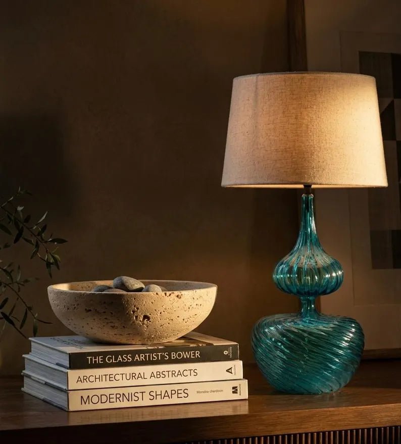 Blue Glass Table Lamp, Blown Glass Lamp, Aqua Blue Bedside Lamp, Handmade Glass Lighting, Modern Table Lamp, Artistic Glass Lamp | Les Trois Pyramides 