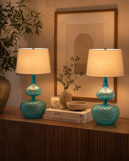 Blue Glass Table Lamp, Blown Glass Lamp, Aqua Blue Bedside Lamp, Handmade Glass Lighting, Modern Table Lamp, Artistic Glass Lamp | Les Trois Pyramides 