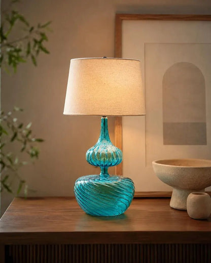 Blue Glass Table Lamp, Blown Glass Lamp, Aqua Blue Bedside Lamp, Handmade Glass Lighting, Modern Table Lamp, Artistic Glass Lamp | Les Trois Pyramides 