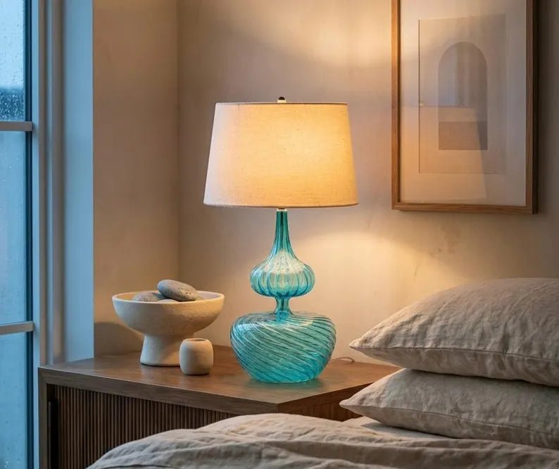 Blue Glass Table Lamp, Blown Glass Lamp, Aqua Blue Bedside Lamp, Handmade Glass Lighting, Modern Table Lamp, Artistic Glass Lamp | Les Trois Pyramides 