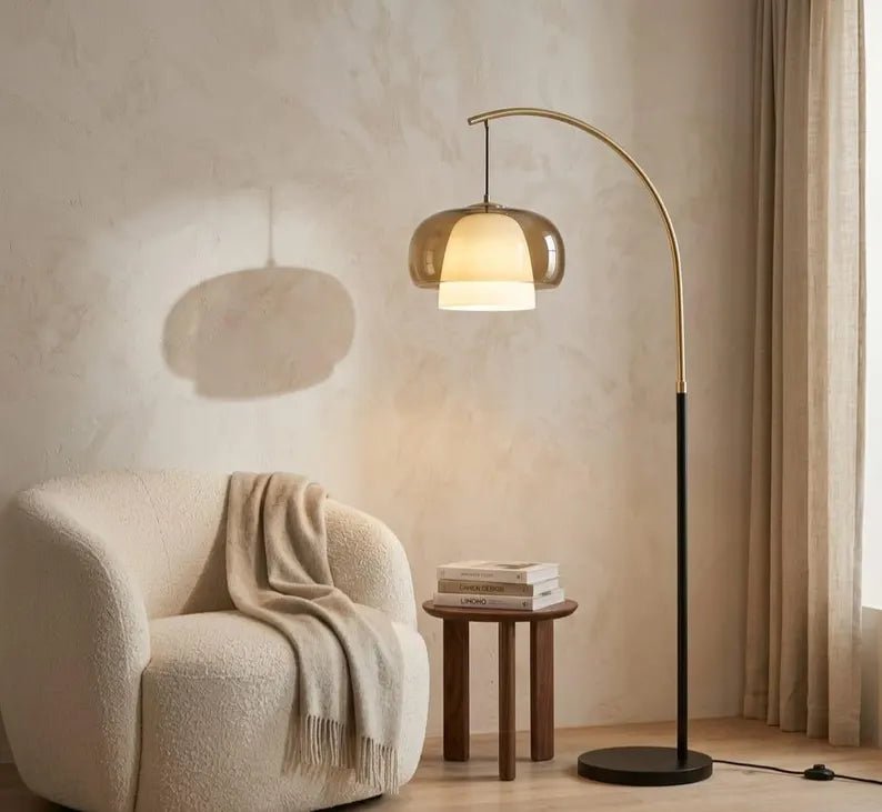 Arc Floor Lamp | Modern Floor Lamp | Glass Floor Lamp | Brass Standing Lamp | Reading Lamp | Living Room Lighting | Les Trois Pyramides