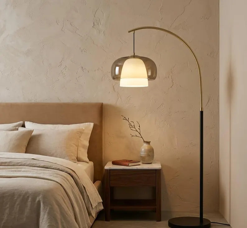 Arc Floor Lamp | Modern Floor Lamp | Glass Floor Lamp | Brass Standing Lamp | Reading Lamp | Living Room Lighting | Les Trois Pyramides