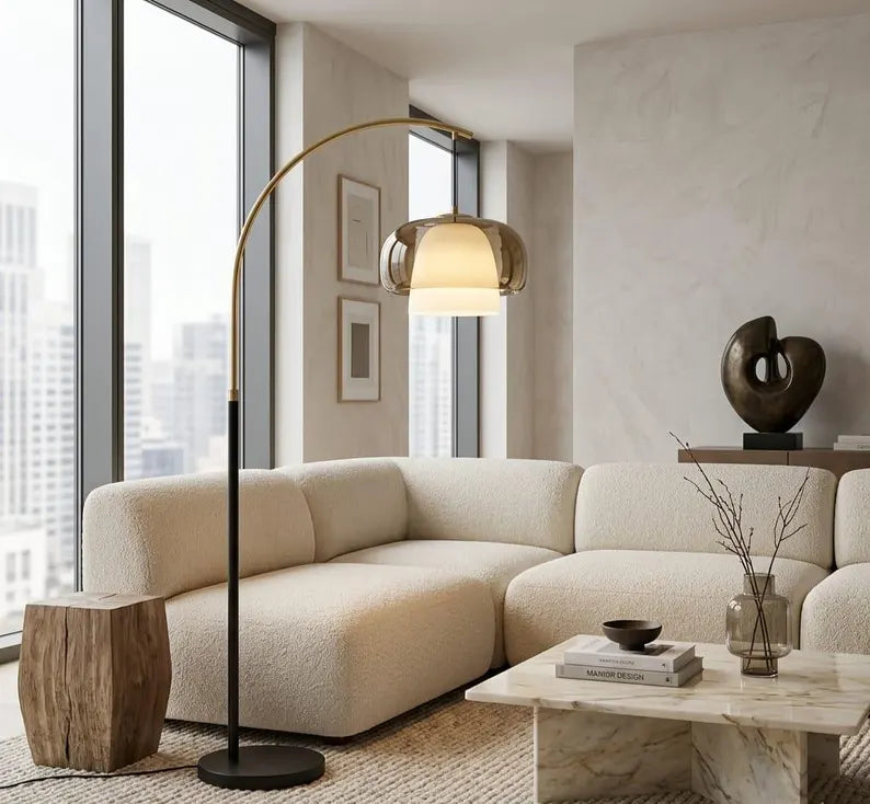 Arc Floor Lamp | Modern Floor Lamp | Glass Floor Lamp | Brass Standing Lamp | Reading Lamp | Living Room Lighting | Les Trois Pyramides