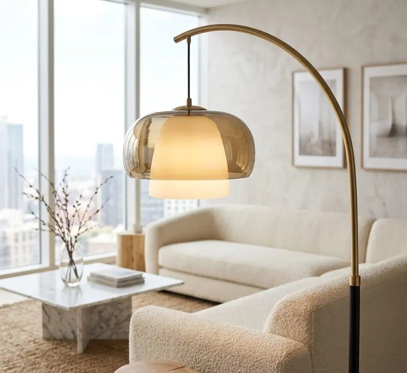Arc Floor Lamp | Modern Floor Lamp | Glass Floor Lamp | Brass Standing Lamp | Reading Lamp | Living Room Lighting | Les Trois Pyramides