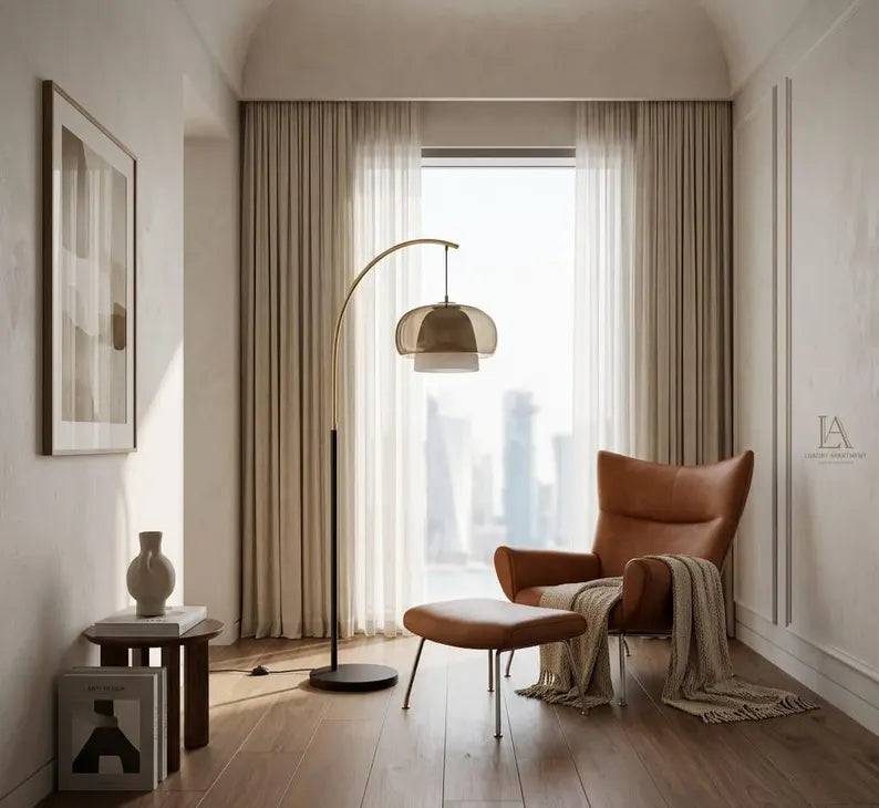 Arc Floor Lamp | Modern Floor Lamp | Glass Floor Lamp | Brass Standing Lamp | Reading Lamp | Living Room Lighting | Les Trois Pyramides