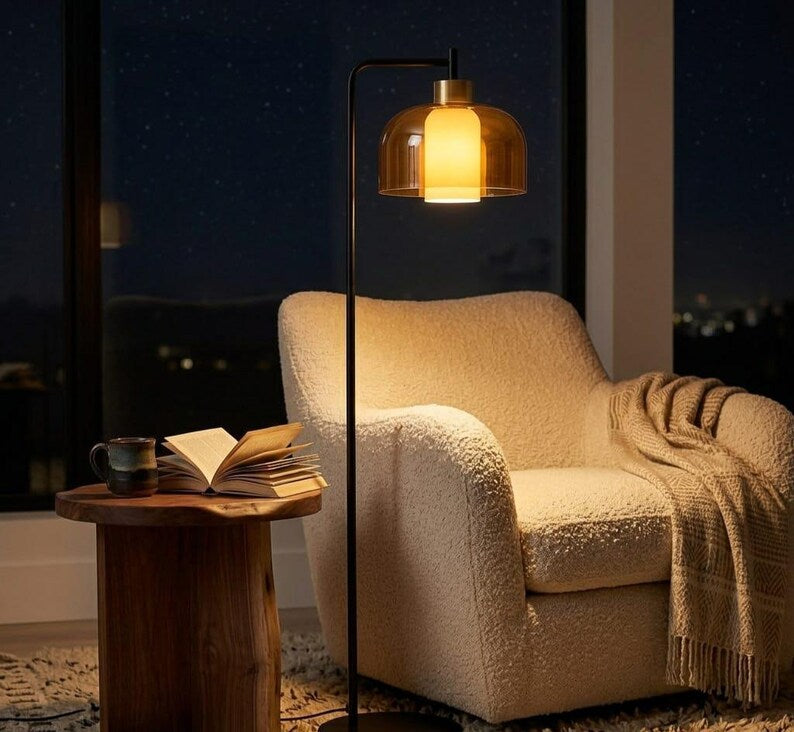 Modern Floor Lamp | amber Glass Floor Lamp | Reading Lamp | Black Standing Lamp | Living Room Light | Contemporary Lighting | Les Trois Pyramides
