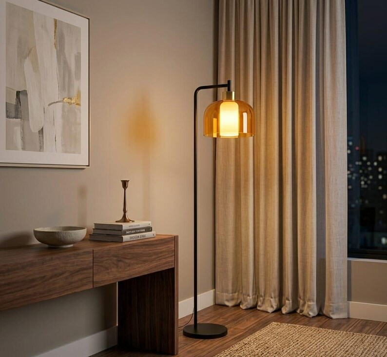 Modern Floor Lamp | amber Glass Floor Lamp | Reading Lamp | Black Standing Lamp | Living Room Light | Contemporary Lighting | Les Trois Pyramides