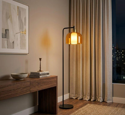Modern Floor Lamp | amber Glass Floor Lamp | Reading Lamp | Black Standing Lamp | Living Room Light | Contemporary Lighting | Les Trois Pyramides