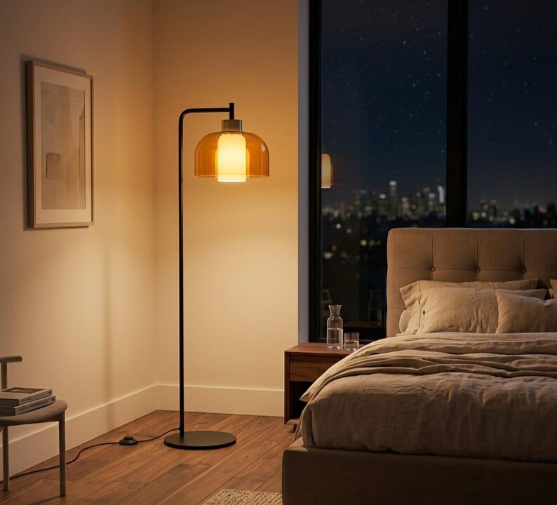 Modern Floor Lamp | amber Glass Floor Lamp | Reading Lamp | Black Standing Lamp | Living Room Light | Contemporary Lighting | Les Trois Pyramides