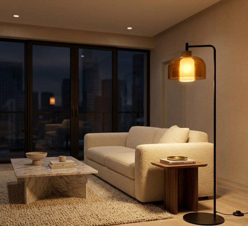 Modern Floor Lamp | amber Glass Floor Lamp | Reading Lamp | Black Standing Lamp | Living Room Light | Contemporary Lighting | Les Trois Pyramides