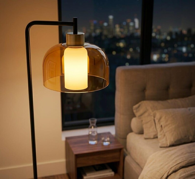Modern Floor Lamp | amber Glass Floor Lamp | Reading Lamp | Black Standing Lamp | Living Room Light | Contemporary Lighting | Les Trois Pyramides