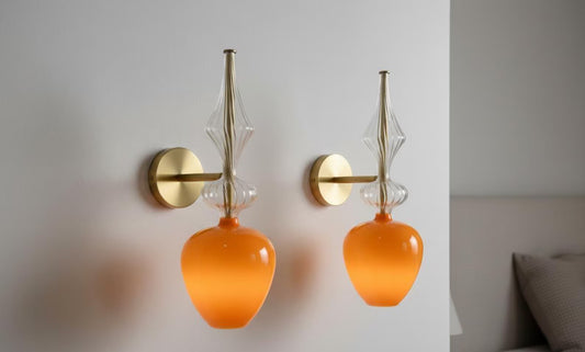 Orange Blown Glass Wall Sconce with Brass Arm – Handmade Wall Light | Les Trois Pyramides