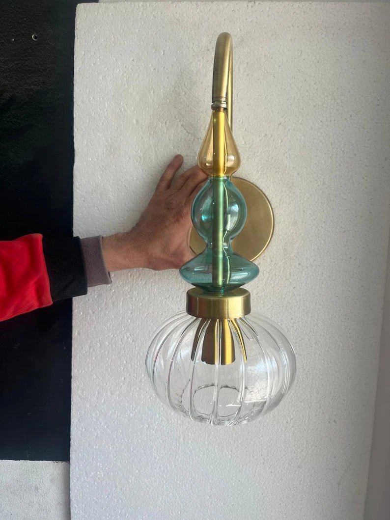 Brass Wall Sconce – Blown Glass Bathroom Vanity Light, Art Deco Bedside Wall Lamp, Indoor Wall Lighting-Hallway or entryway, Art Deco Style | Les Trois Pyramides
