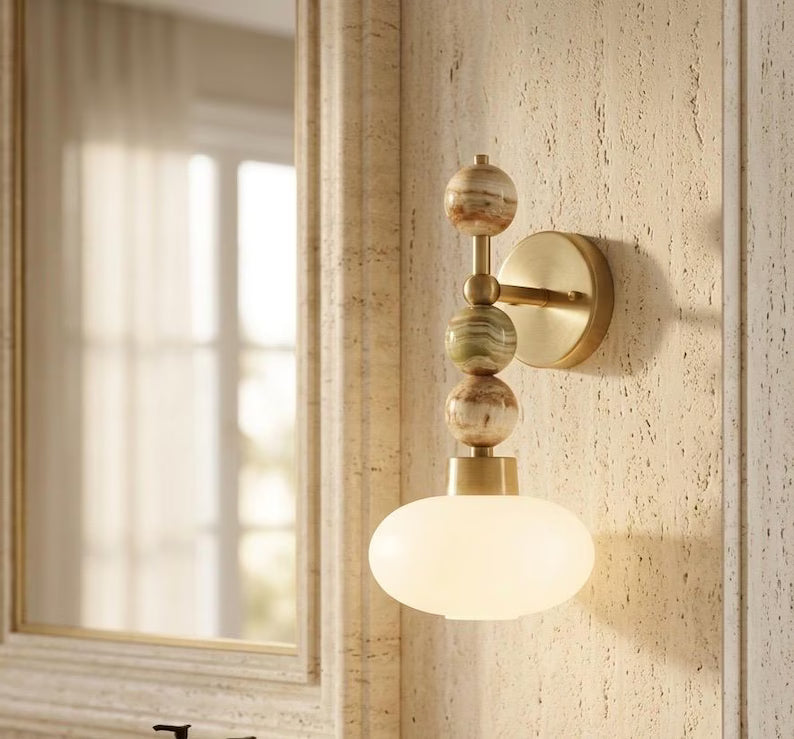 Frosted Glass wall light with Natural onyx stones - Brass Finish Light Fixture - Artisan Wall Lighting - wall sconce | les Trois Pyramides 