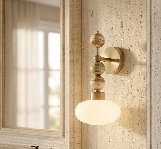 Frosted Glass wall light with Natural onyx stones - Brass Finish Light Fixture - Artisan Wall Lighting - wall sconce | les Trois Pyramides 