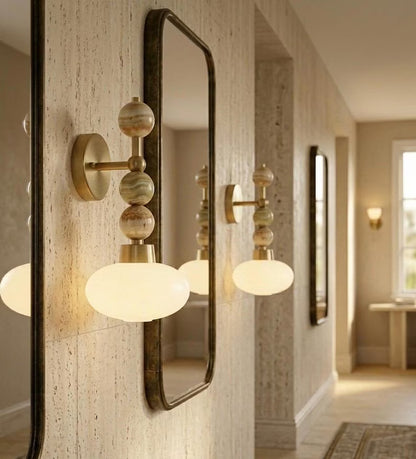 Frosted Glass wall light with Natural onyx stones - Brass Finish Light Fixture - Artisan Wall Lighting - wall sconce | les Trois Pyramides 