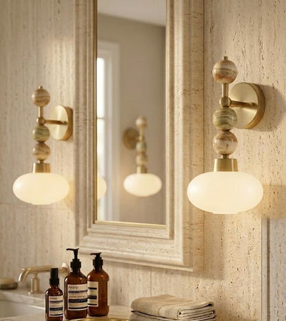 Frosted Glass wall light with Natural onyx stones - Brass Finish Light Fixture - Artisan Wall Lighting - wall sconce | les Trois Pyramides 