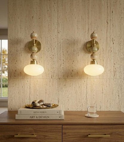 Frosted Glass wall light with Natural onyx stones - Brass Finish Light Fixture - Artisan Wall Lighting - wall sconce | les Trois Pyramides 