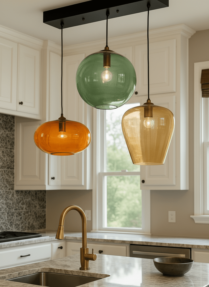 Artisan Glass Pendant Light Set of Three – Green, Amber, Honey Shades