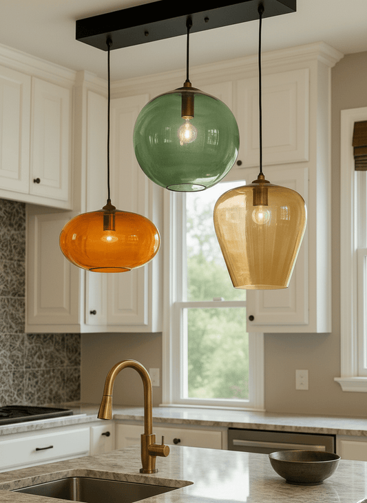 Artisan Glass Pendant Light Set of Three – Green, Amber, Honey Shades
