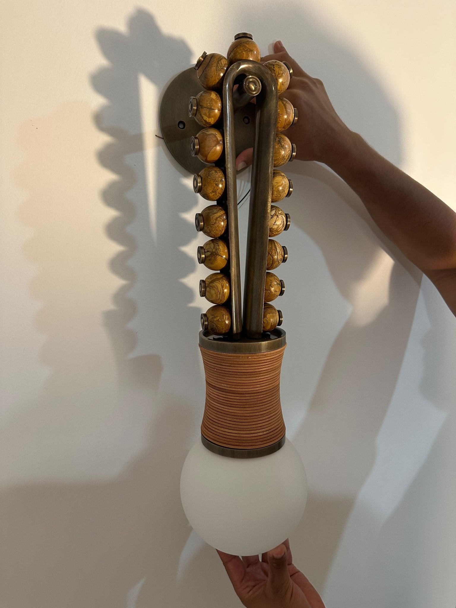 Artisan Wall Sconce in Vintage Bronze with Natural Jasper Stone & Leather Details - Les Trois Pyramides