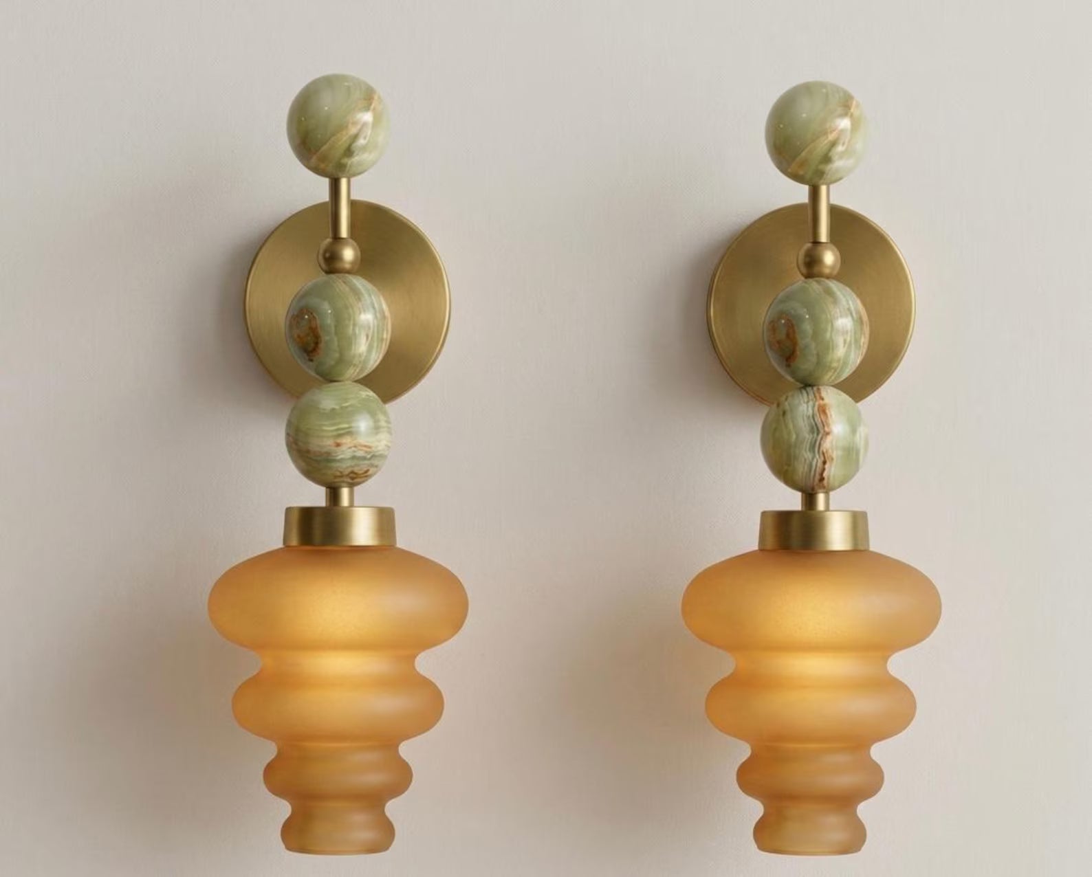Handmade Onyx and Amber Frosted Glass wall sconce - Brass Finish Light Fixture - Artisan Wall Lighting | Les Trois Pyramides