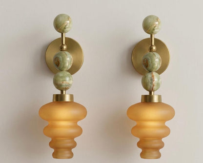 Handmade Onyx and Amber Frosted Glass wall sconce - Brass Finish Light Fixture - Artisan Wall Lighting | Les Trois Pyramides