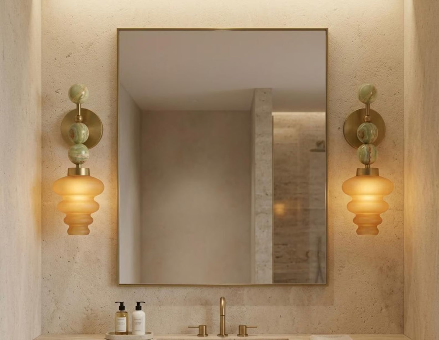 Handmade Onyx and Amber Frosted Glass wall sconce - Brass Finish Light Fixture - Artisan Wall Lighting | Les Trois Pyramides