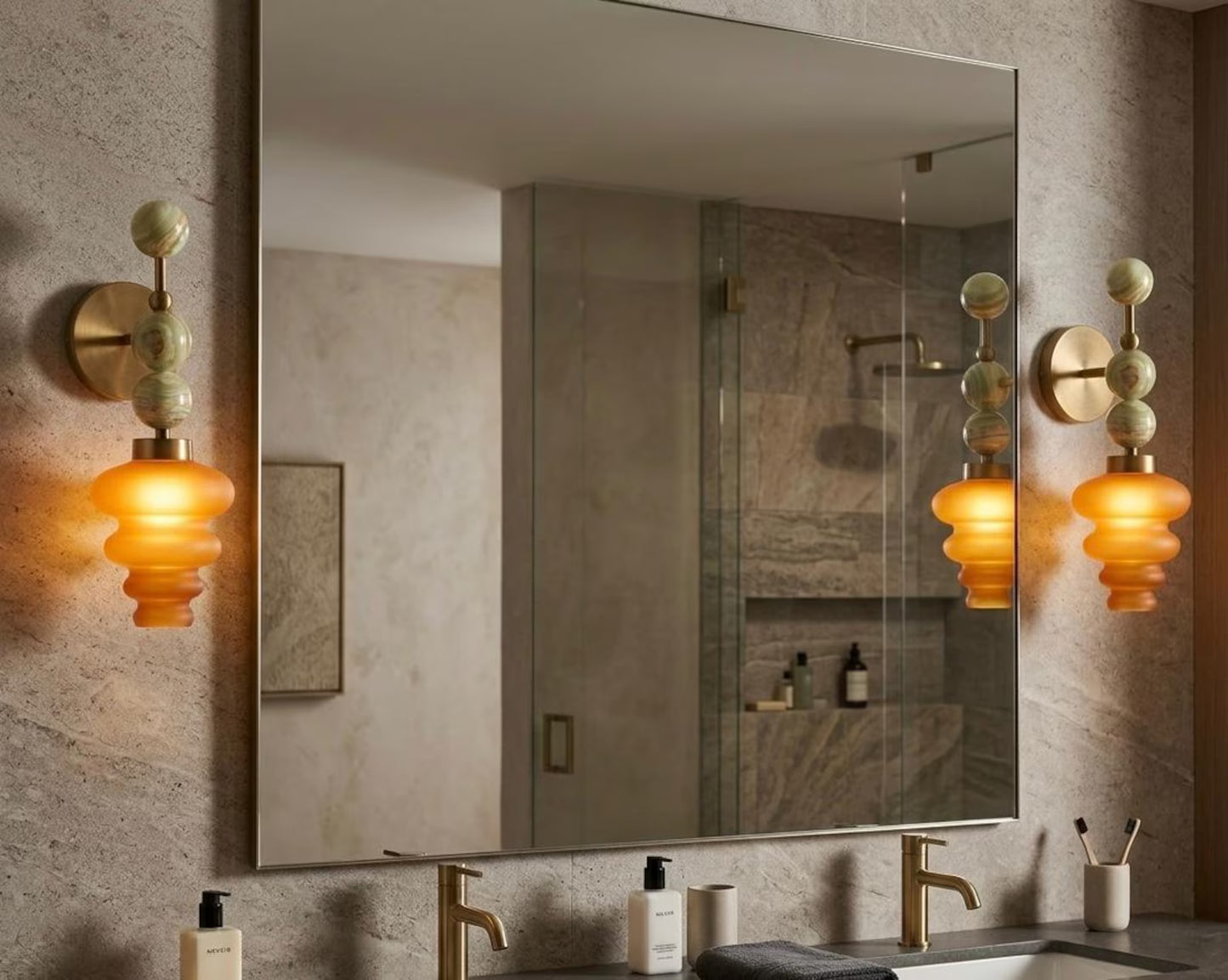 Handmade Onyx and Amber Frosted Glass wall sconce - Brass Finish Light Fixture - Artisan Wall Lighting | Les Trois Pyramides