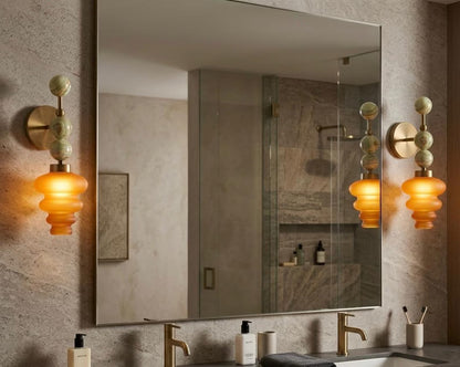 Handmade Onyx and Amber Frosted Glass wall sconce - Brass Finish Light Fixture - Artisan Wall Lighting | Les Trois Pyramides