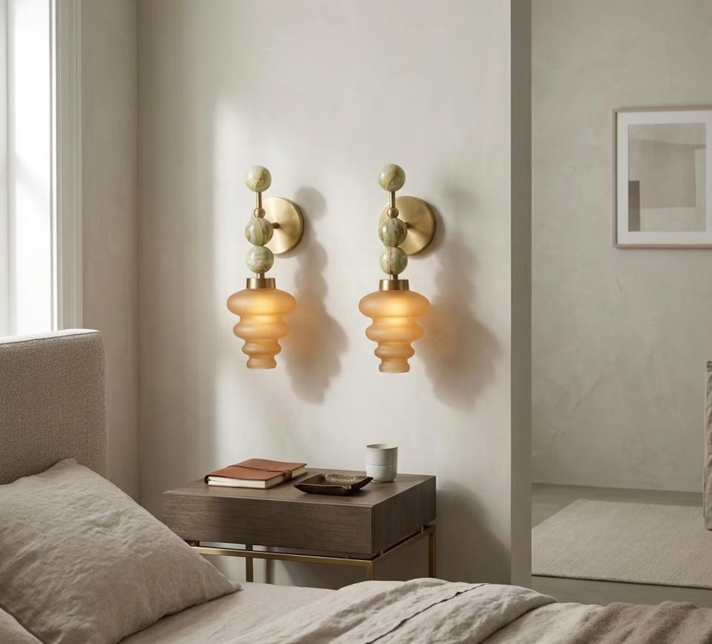 Handmade Onyx and Amber Frosted Glass wall sconce - Brass Finish Light Fixture - Artisan Wall Lighting | Les Trois Pyramides