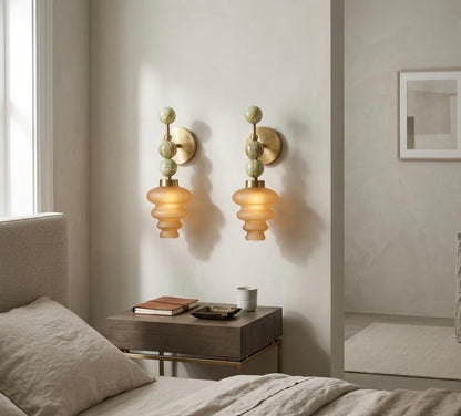 Handmade Onyx and Amber Frosted Glass wall sconce - Brass Finish Light Fixture - Artisan Wall Lighting | Les Trois Pyramides