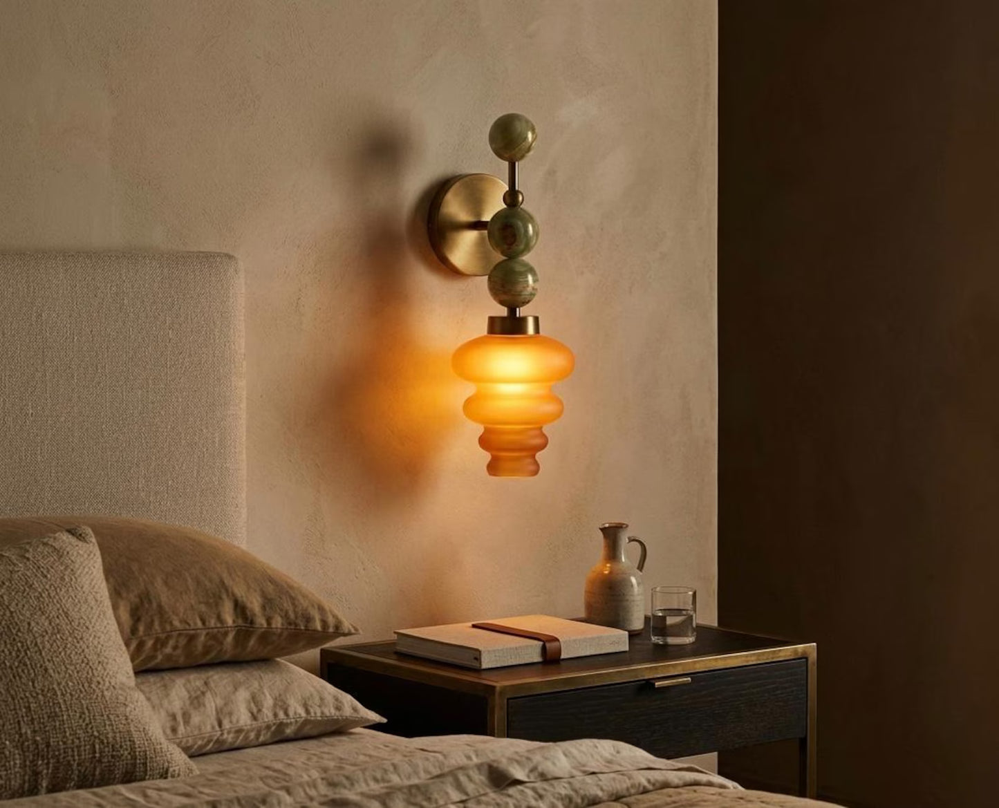 Handmade Onyx and Amber Frosted Glass wall sconce - Brass Finish Light Fixture - Artisan Wall Lighting | Les Trois Pyramides