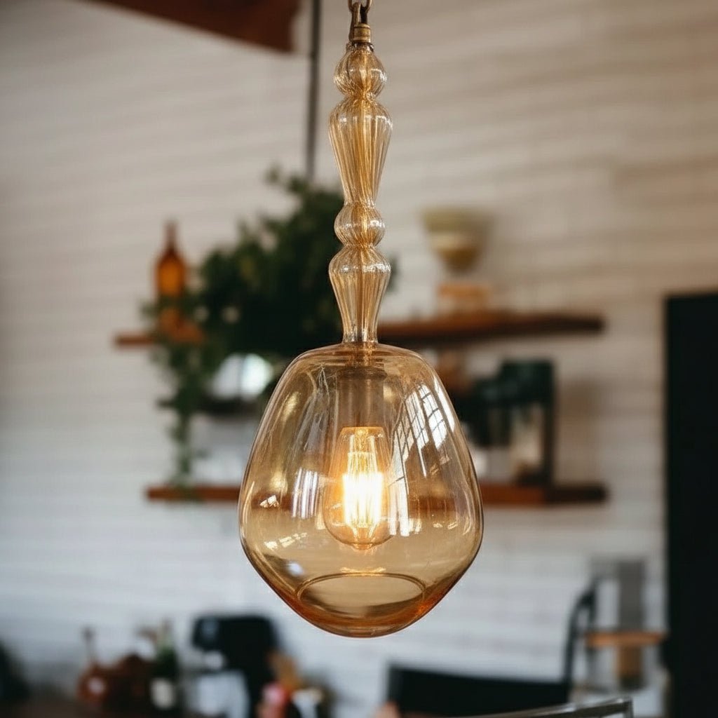 Artisanal Amber Hand-Blown Glass Pendant Light with Ribbed Stem