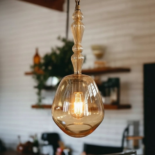 Artisanal Amber Hand-Blown Glass Pendant Light with Ribbed Stem