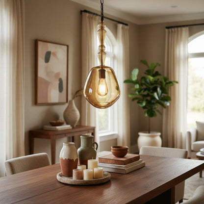 Artisanal Amber Hand-Blown Glass Pendant Light with Ribbed Stem