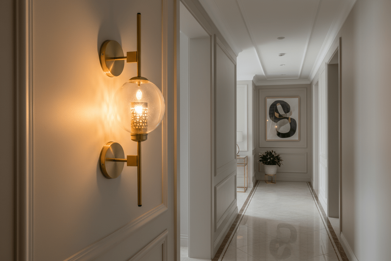 Artisanal Brass Wall Sconce with Clear Glass Glob Hallway Light