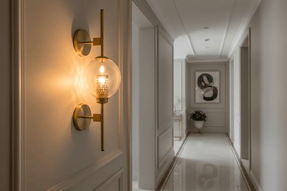 Artisanal Brass Wall Sconce with Clear Glass Glob Hallway Light