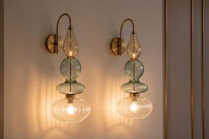 Brass Wall Sconce – Blown Glass Bathroom Vanity Light, Art Deco Bedside Wall Lamp, Indoor Wall Lighting-Hallway or entryway, Art Deco Style | Les Trois Pyramides