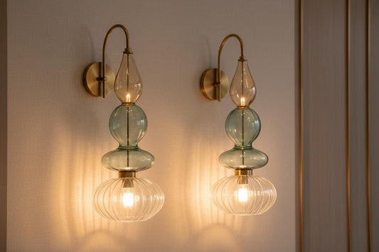 Brass Wall Sconce – Blown Glass Bathroom Vanity Light, Art Deco Bedside Wall Lamp, Indoor Wall Lighting-Hallway or entryway, Art Deco Style | Les Trois Pyramides