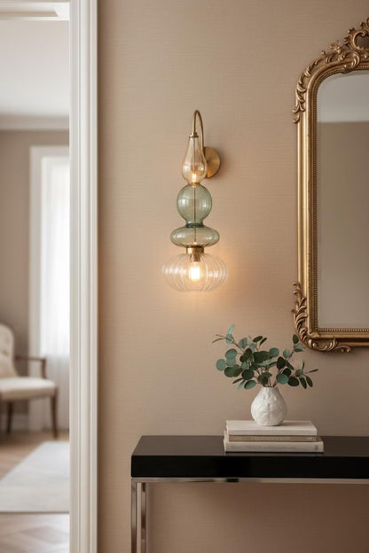 Brass Wall Sconce – Blown Glass Bathroom Vanity Light, Art Deco Bedside Wall Lamp, Indoor Wall Lighting-Hallway or entryway, Art Deco Style | Les Trois Pyramides