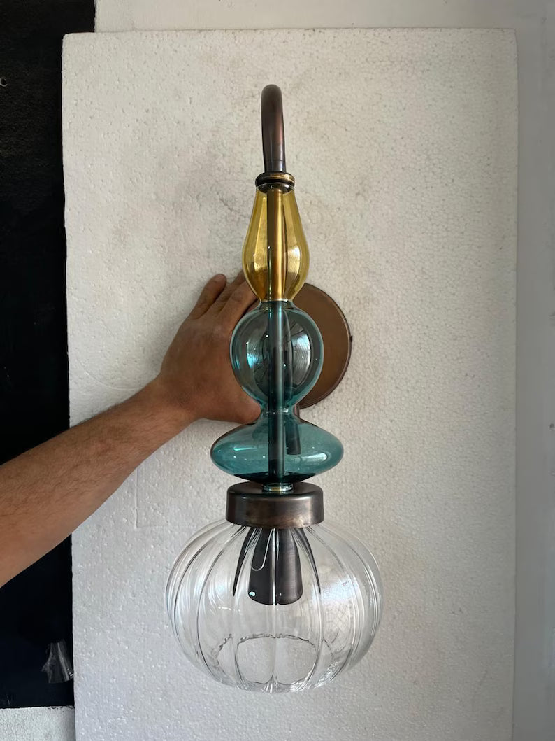 Brass Wall Sconce – Blown Glass Bathroom Vanity Light, Art Deco Bedside Wall Lamp, Indoor Wall Lighting-Hallway or entryway, Art Deco Style | Les Trois Pyramides
